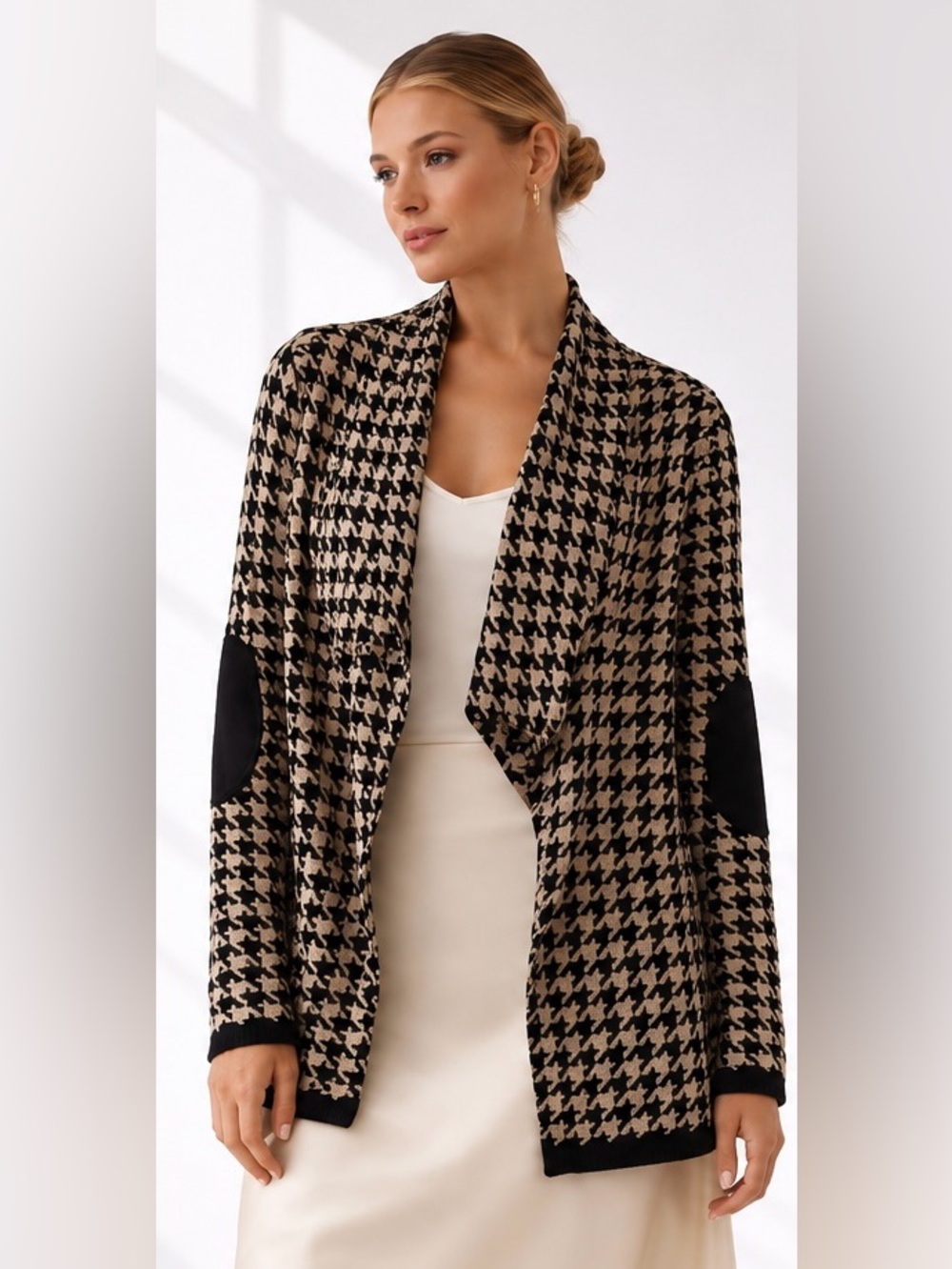 Anthropologie Chic Houndstooth Cardigan Preppy Lagenlook Sweater Elbow Patch, S - Picture 2 of 11